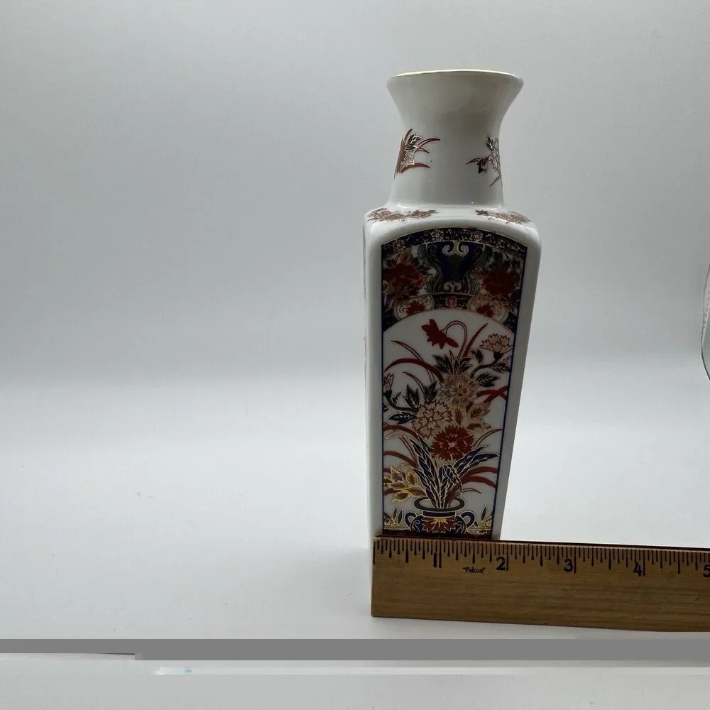 Imari Style Porcelain Bud Vase Square Floral Gold Gilt Blue Orange 8